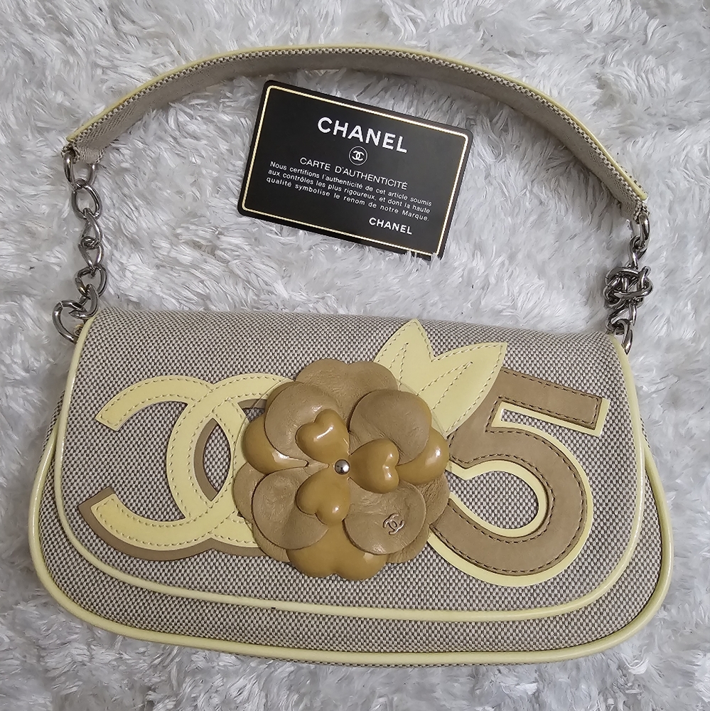 Chanel 2005 vintage beige camelia canvas small flap bag